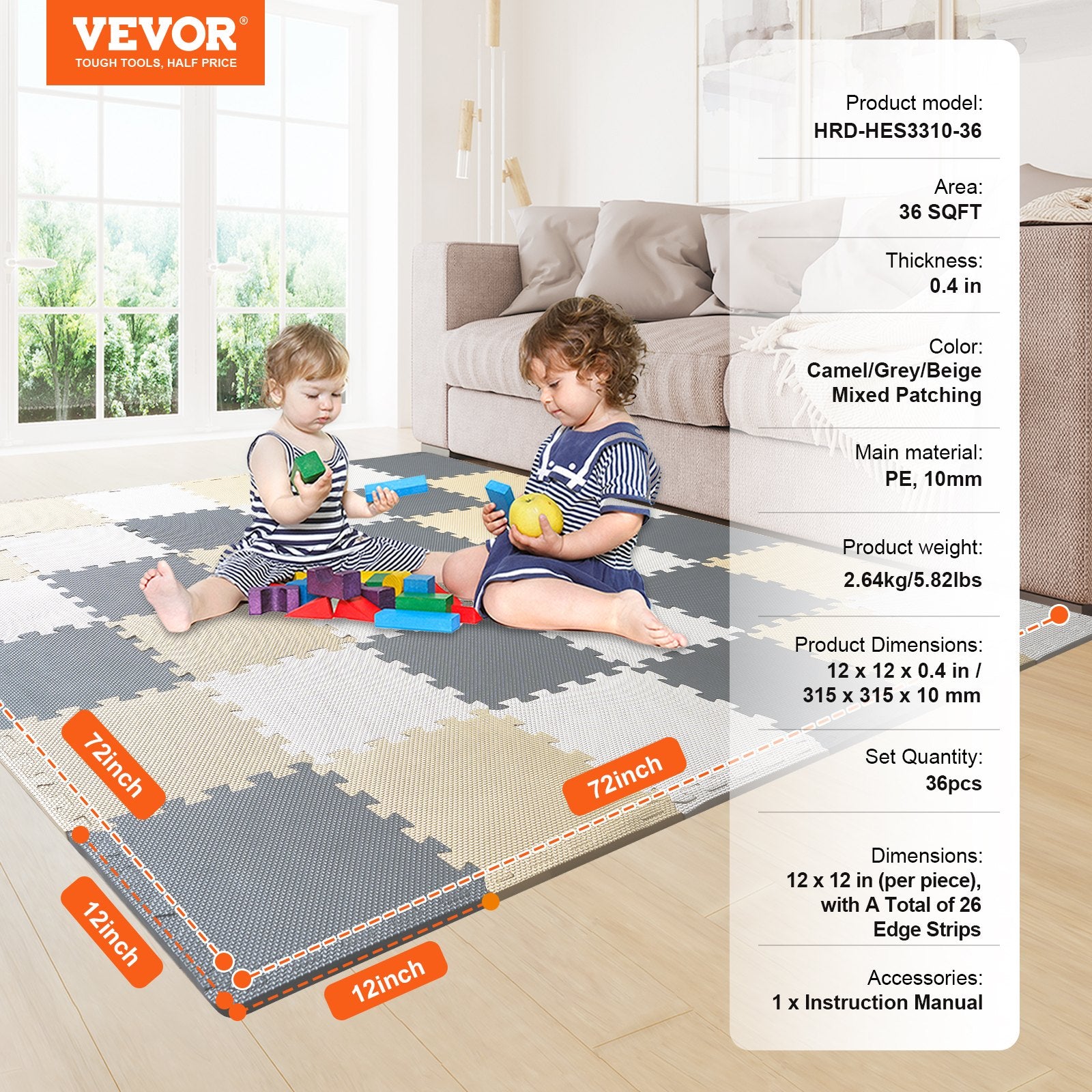 Kids Foam Puzzle Floor Playmat 0.4 in 36 Pcs Interlocking EVA Soft Tiles V952-YXPXDQXEVA36RZ6OAV0