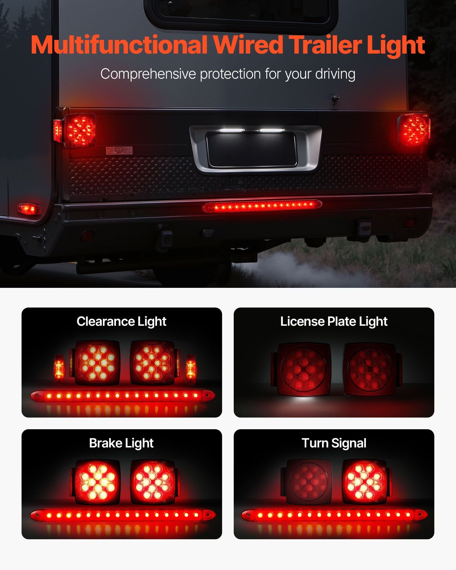 Trailer Lights, LED Trailer Tail Lights Kit with Stop Brake Turn Tail License Plate Clearance Lamp, V952-YXTCDFXDT3WDUDZL8001V9