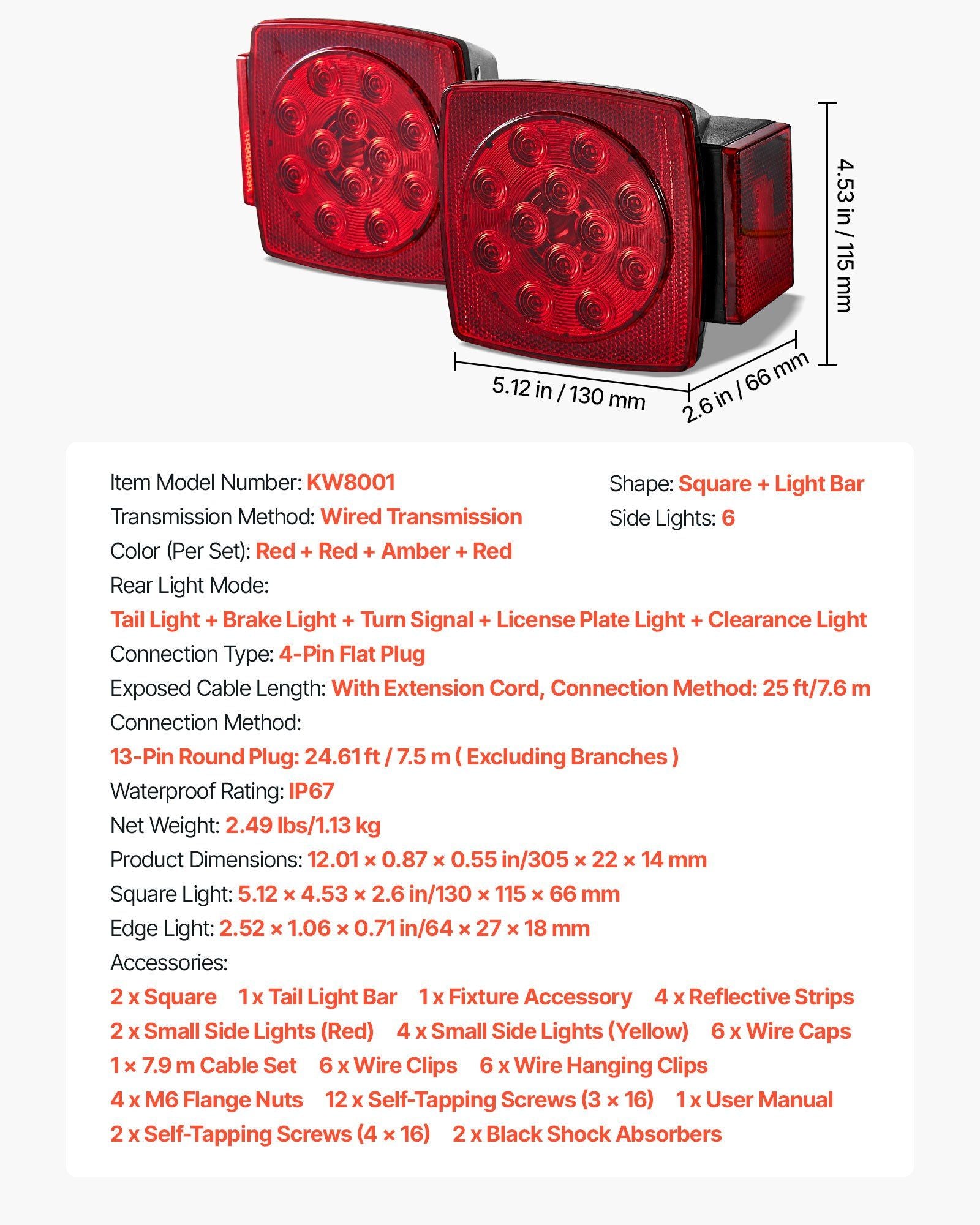 Trailer Lights, LED Trailer Tail Lights Kit with Stop Brake Turn Tail License Plate Clearance Lamp, V952-YXTCDFXDT3WDUDZL8001V9
