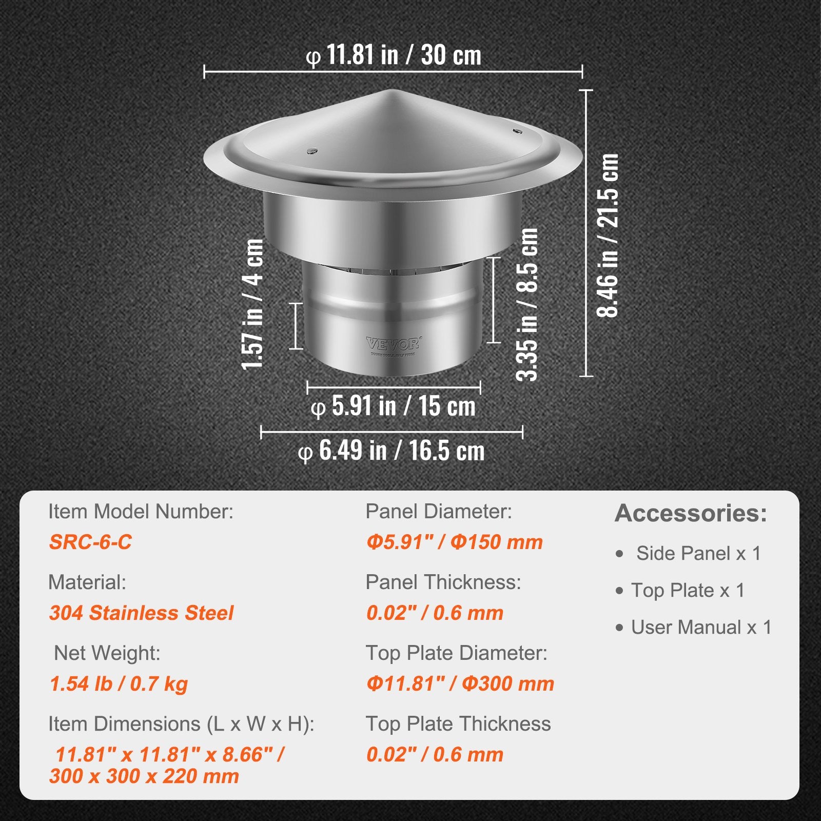 Chimney Cap 6-inch 304 Stainless Steel Round Roof Rain Cap Cover Silver V952-YXYCMYSBXGZDGEH55V0