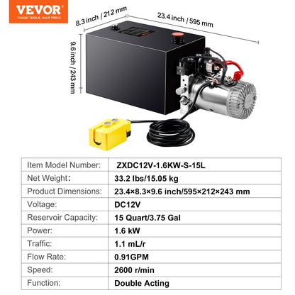 Hydraulic Pump 15 Quart Double Acting Dump Trailer Pump Power Unit DC 12V V952-YXYYB12VZLDJ3VIN2V0