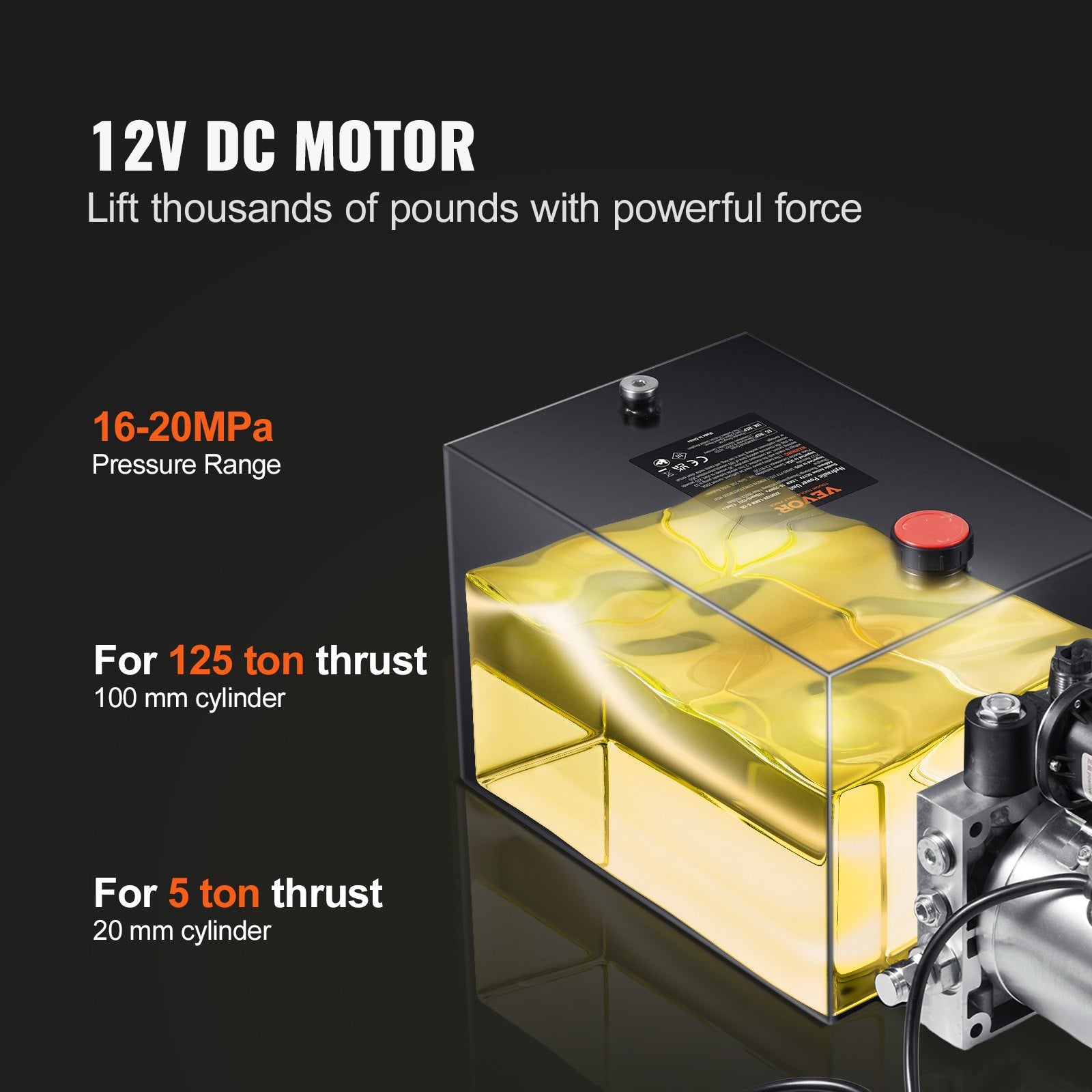 Hydraulic Pump, 4 Quart Hydraulic Power Unit, Single Acting Dump Trailer Pump, 0.91 GPM Flow Rate, 3200 PSI V952-YXYYB12VZLDJA6M7WV0