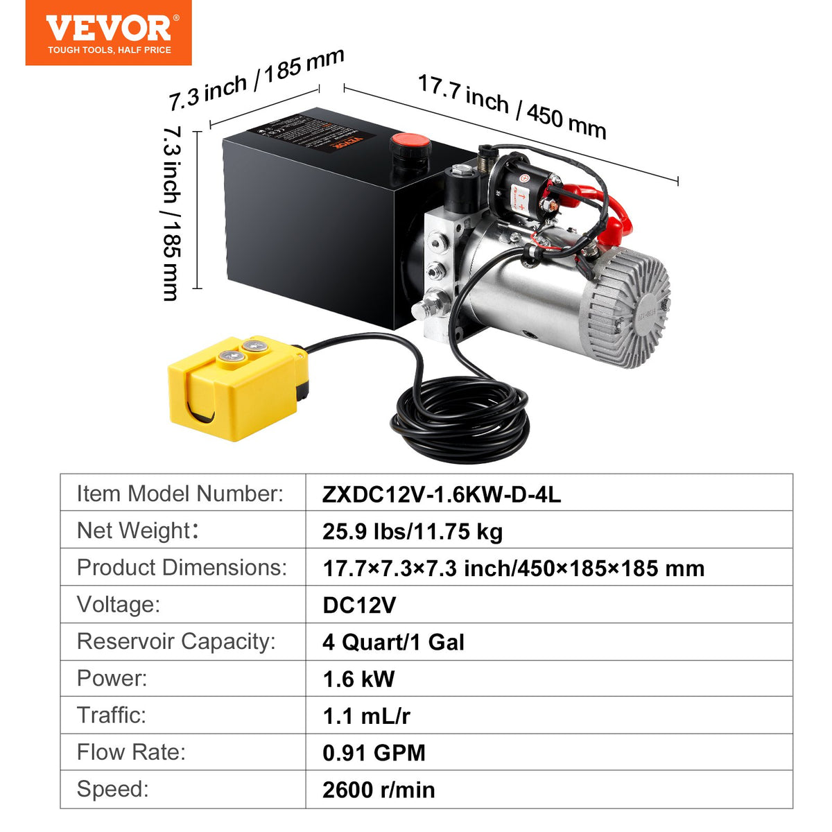Hydraulic Pump, 4 Quart Hydraulic Power Unit, Single Acting Dump Trailer Pump, 0.91 GPM Flow Rate, 3200 PSI V952-YXYYB12VZLDJA6M7WV0