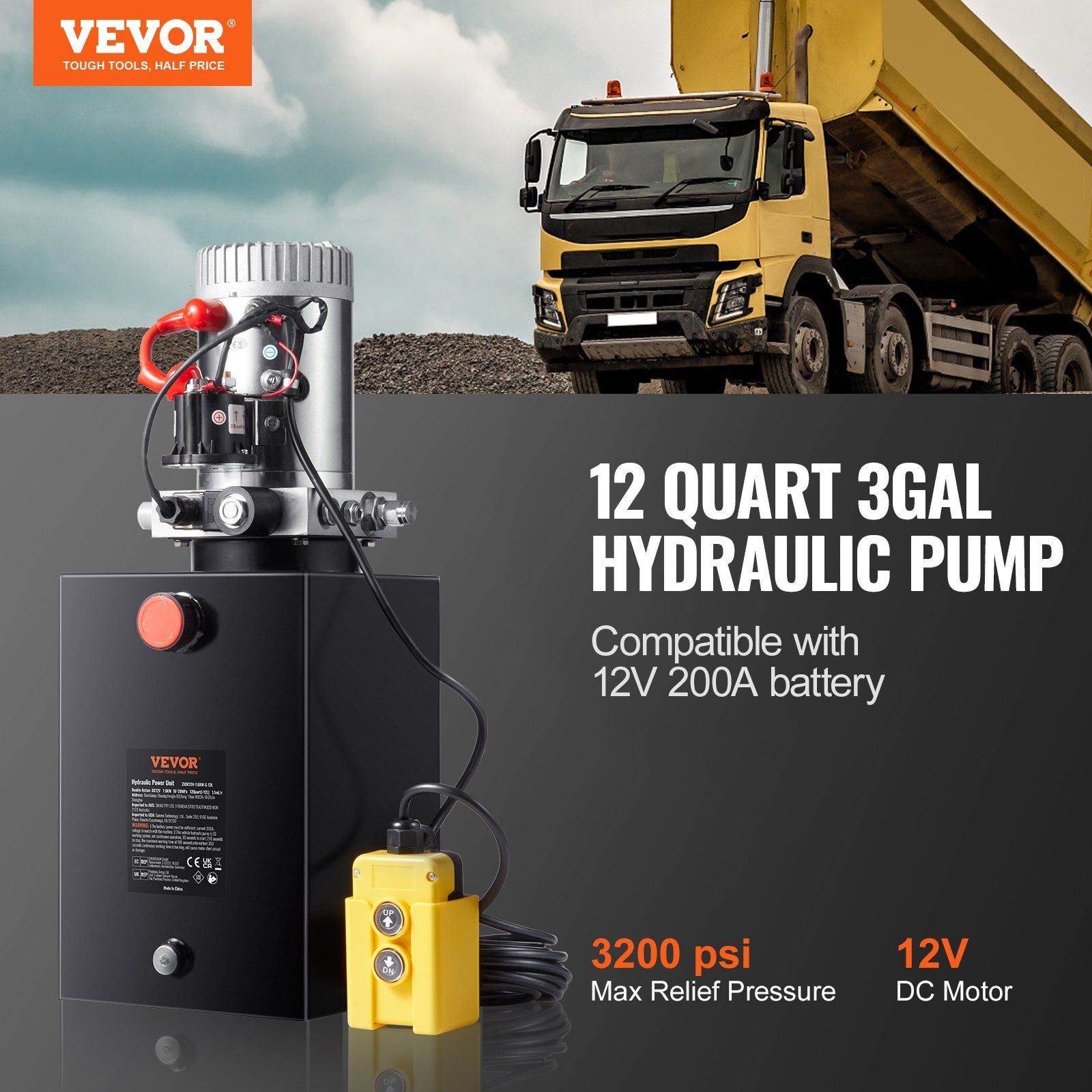 Hydraulic Pump, 12 Quart Hydraulic Power Unit, Single Acting Dump Trailer Pump, 0.91 GPM Flow Rate, 3200 PSI V952-YXYYB12VZLDJD7581V0