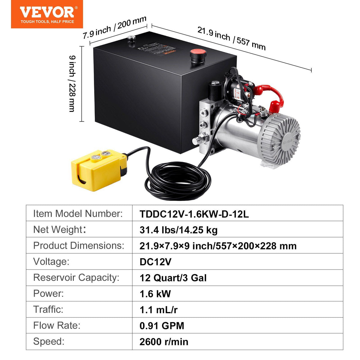 Hydraulic Pump, 12 Quart Hydraulic Power Unit, Single Acting Dump Trailer Pump, 0.91 GPM Flow Rate, 3200 PSI V952-YXYYB12VZLDJD7581V0
