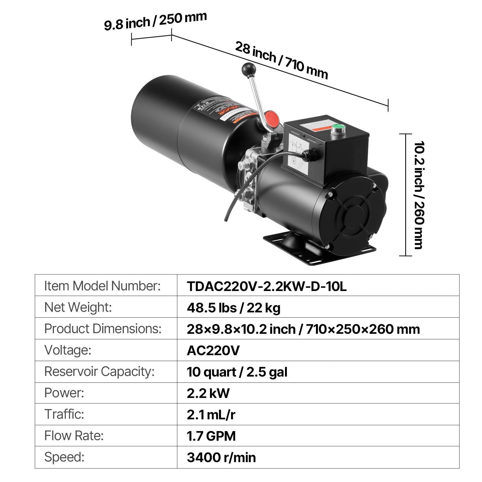 Hydraulic Pump Power Unit, AC 220V, 10 Quart Single Acting Hydraulic Unit, 6.3 L/min Oil Flow, Max Discharge V952-YXYYB220VJLD2PVAG001V7
