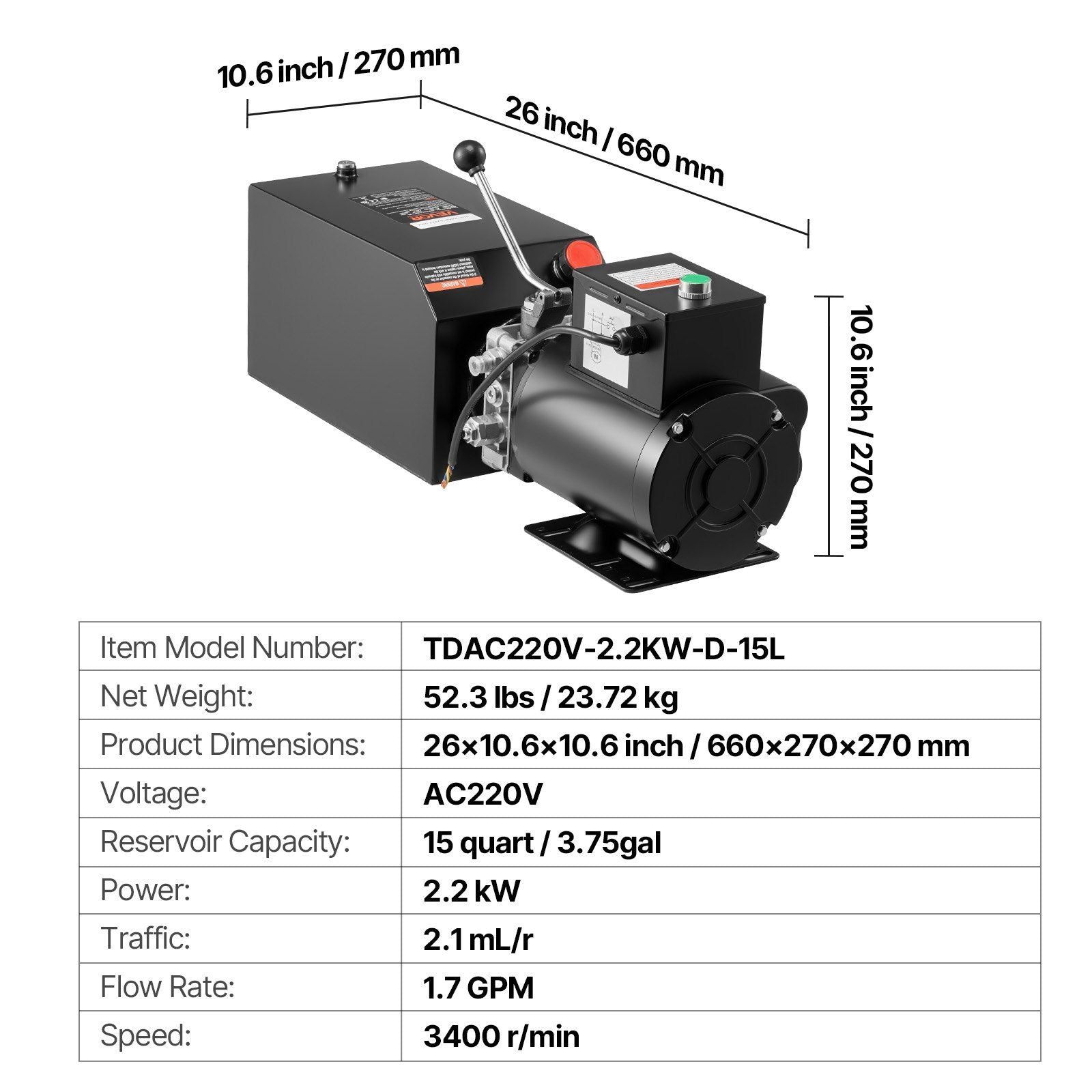 Hydraulic Pump Power Unit, AC 220V, 15 Quart Single Acting Hydraulic Unit, 6.3 L/min Oil Flow, Max Discharge V952-YXYYB220VJLDM031K001V7