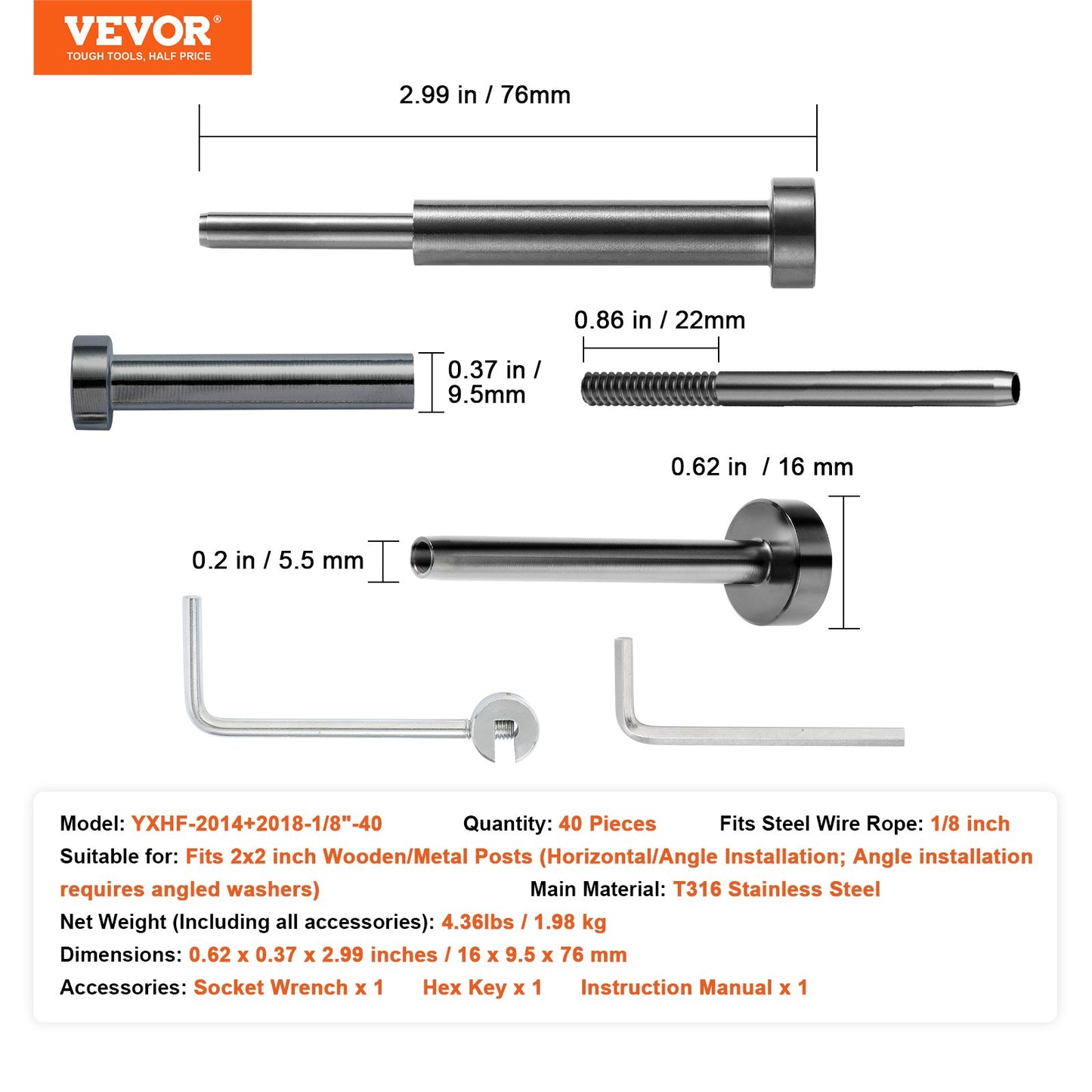 40 Pack Invisible Cable Railing kit, T316 Stainless Steel 3.2mm Invisible Receiver and Swage Stud End for V952-YXZJQHS40J18D30J4V0