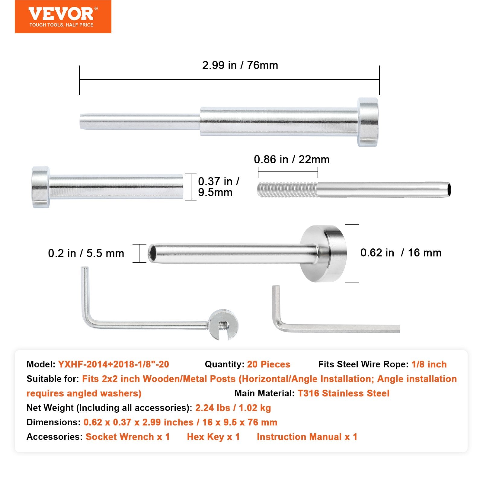 20 Pack Invisible Cable Railing kit, T316 Stainless Steel 3.2mm Invisible Receiver and Swage Stud End for V952-YXZJQYS20J185WDTQV0