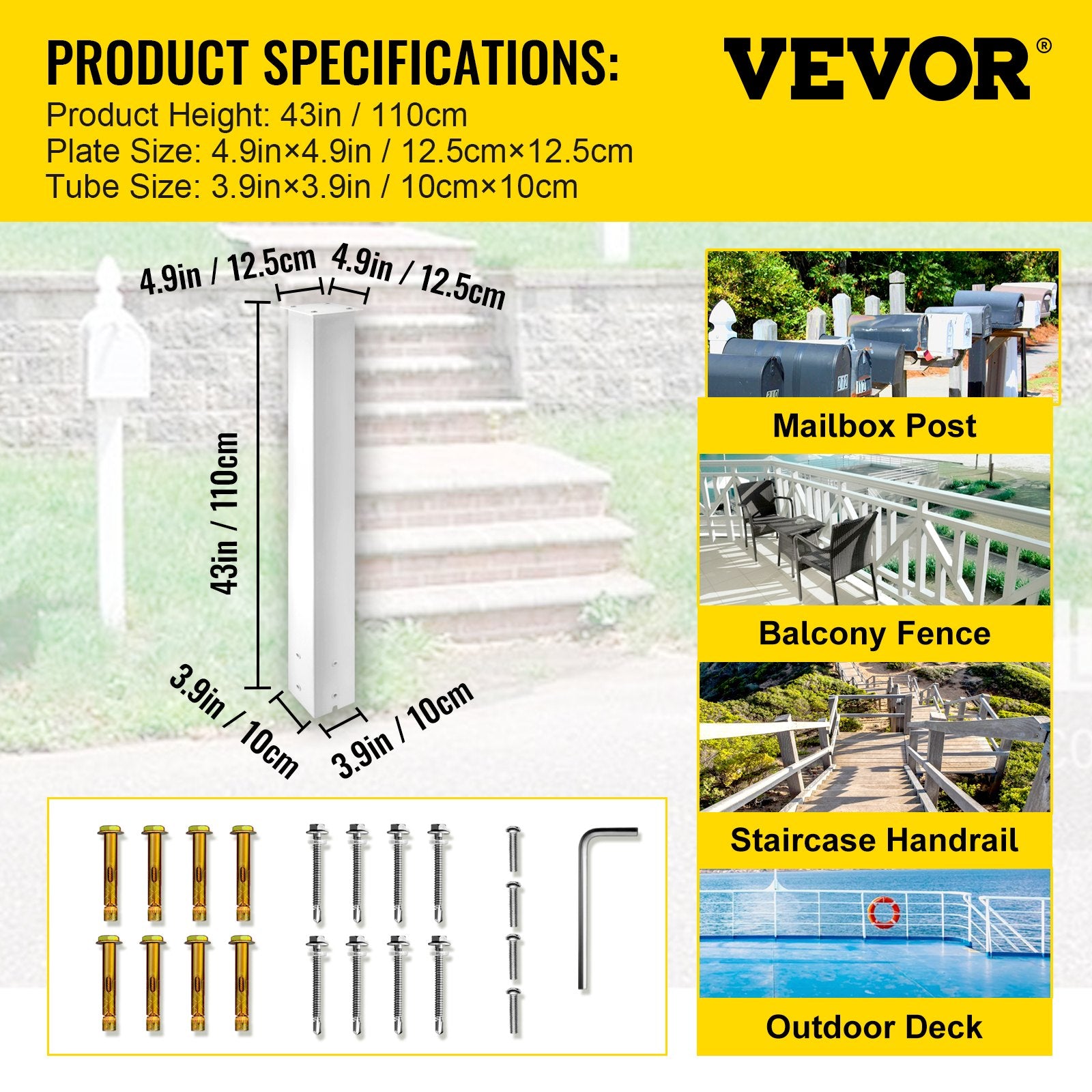 Mailbox Post, 43"" High Mailbox Stand, White Powder-Coated Mail Box Post Kit, Q235 Steel Post Stand Surface V952-YXZZCJYCGJS4346PNV0