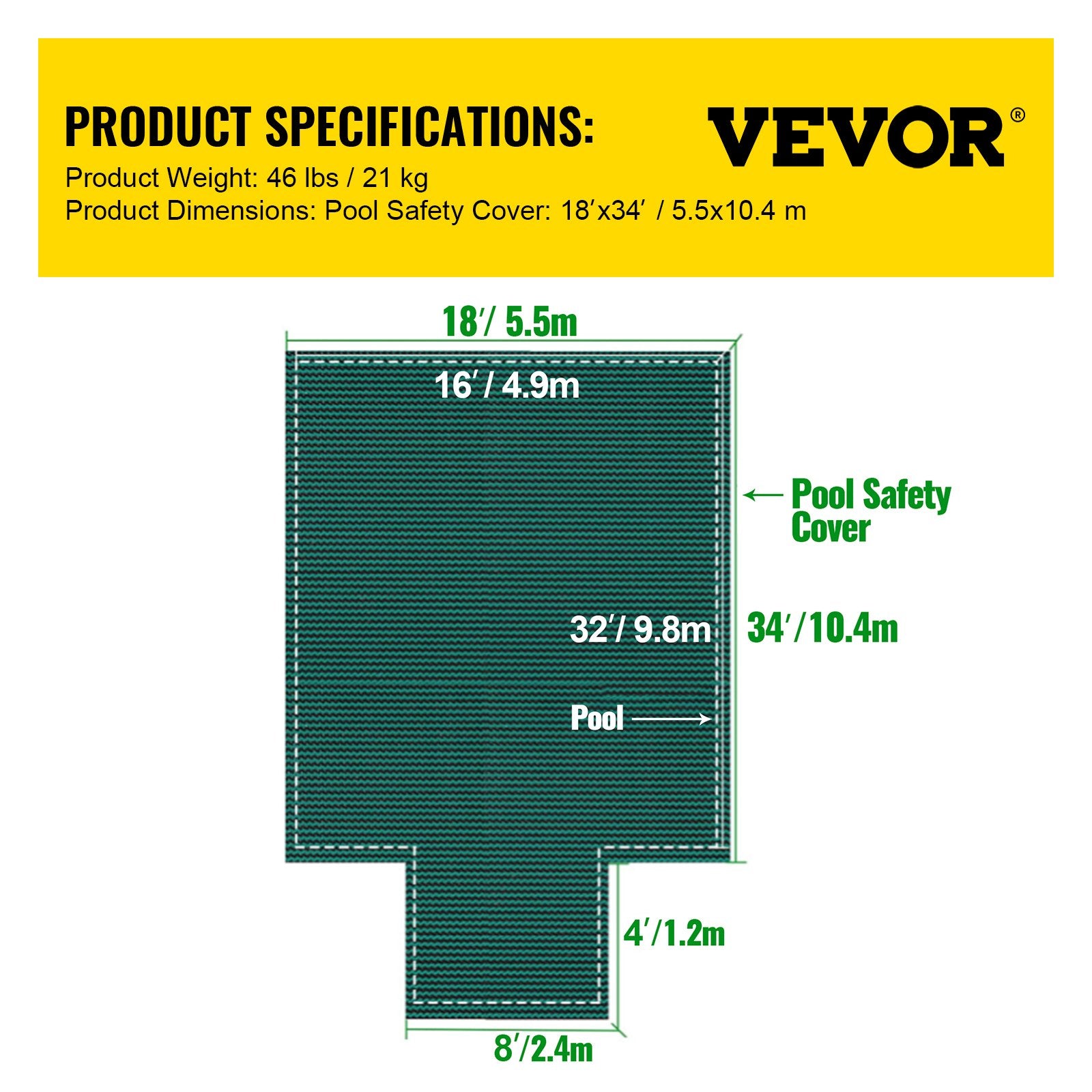 Pool Safety Cover Fits 16x32ft Rectangle Inground Safety Pool Cover Green Mesh with 4x8ft Center End Steps V952-YYCM16X32JZYTYCG1V0