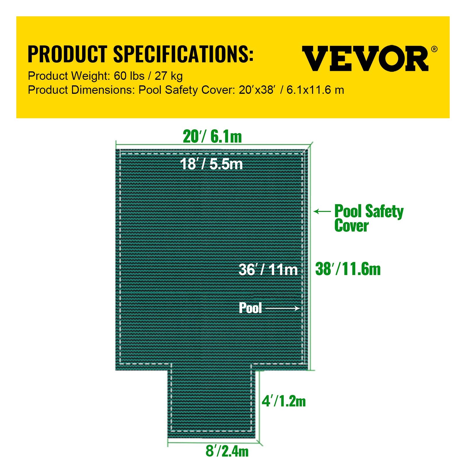 Pool Safety Cover Fits18x36ft Inground Safety Pool Cover Green Mesh with 4x8ft Center End Steps Solid Pool V952-YYCM18X36JZYTYCG1V0