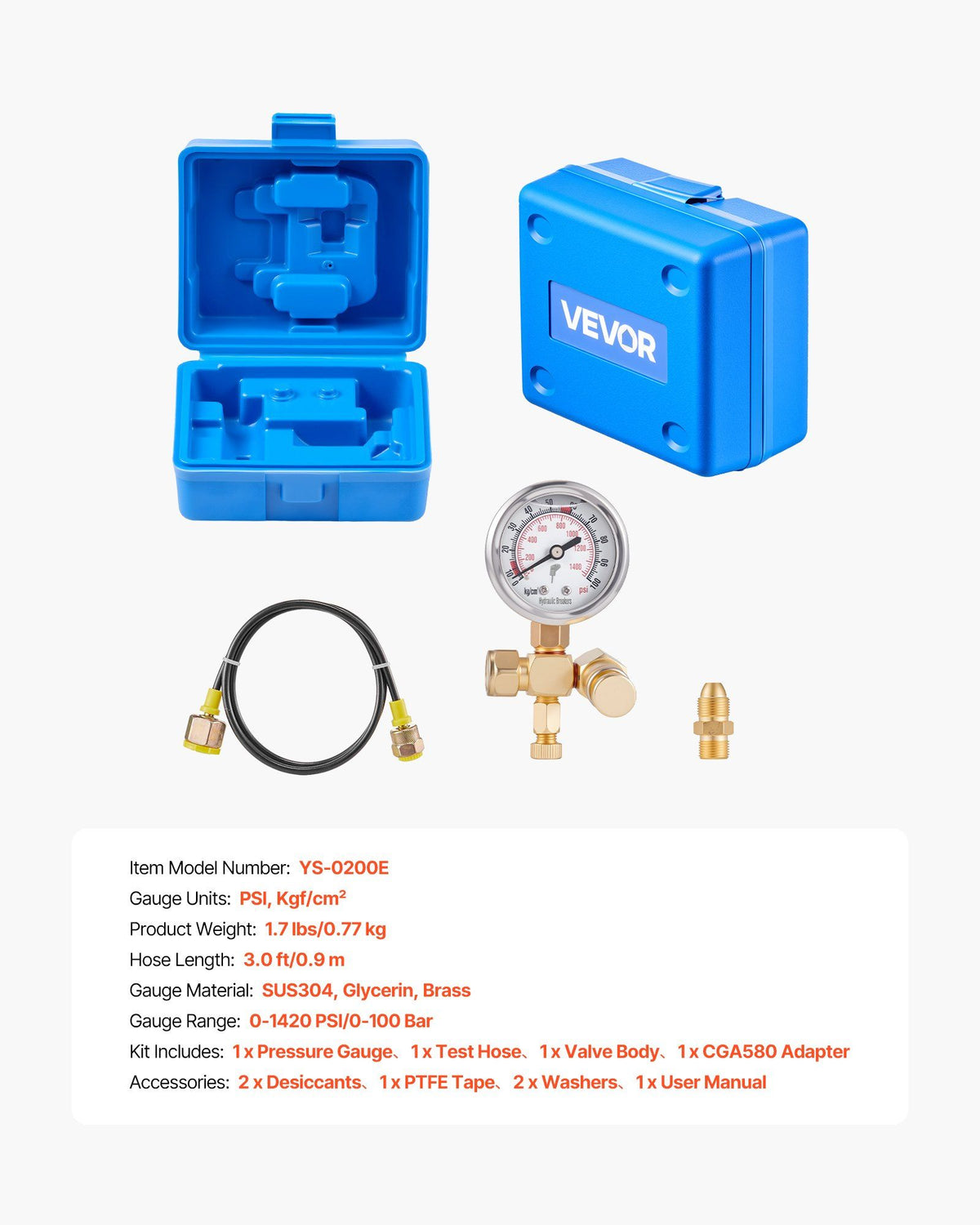 Hydraulic Nitrogen Accumulator Charging Kit, 0-100 Bar Nitrogen Fill Kit, Pressure Test System with 1 V952-YYCSTJ1YLB0OQCAAU001V0
