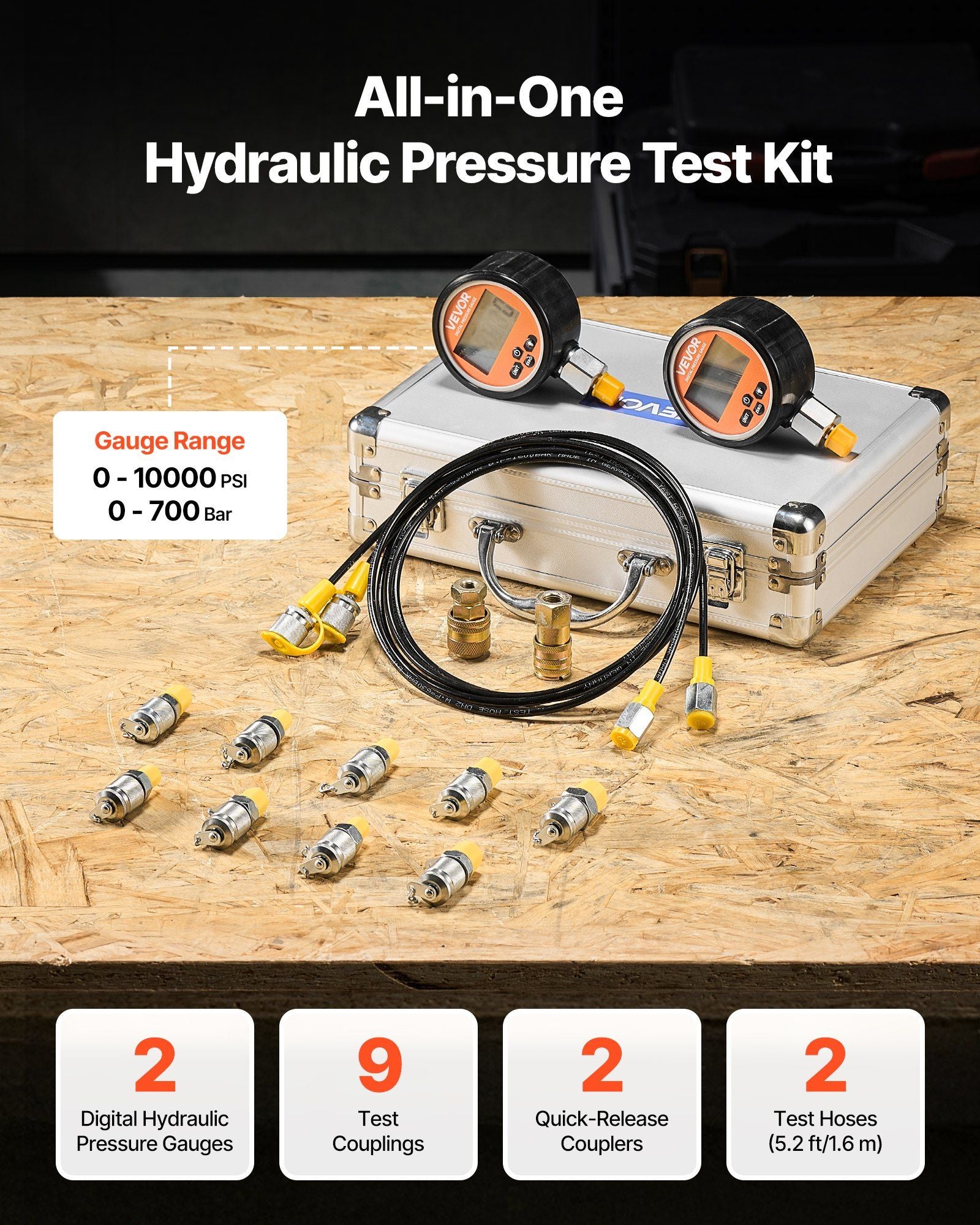 Digital Hydraulic Pressure Test Coupling Kit, 700 Bar Pressure Gauge Manometer Tester with 2 Gauges, 9 Test V952-YYCSTJ2YLB9OXT9N0001V9