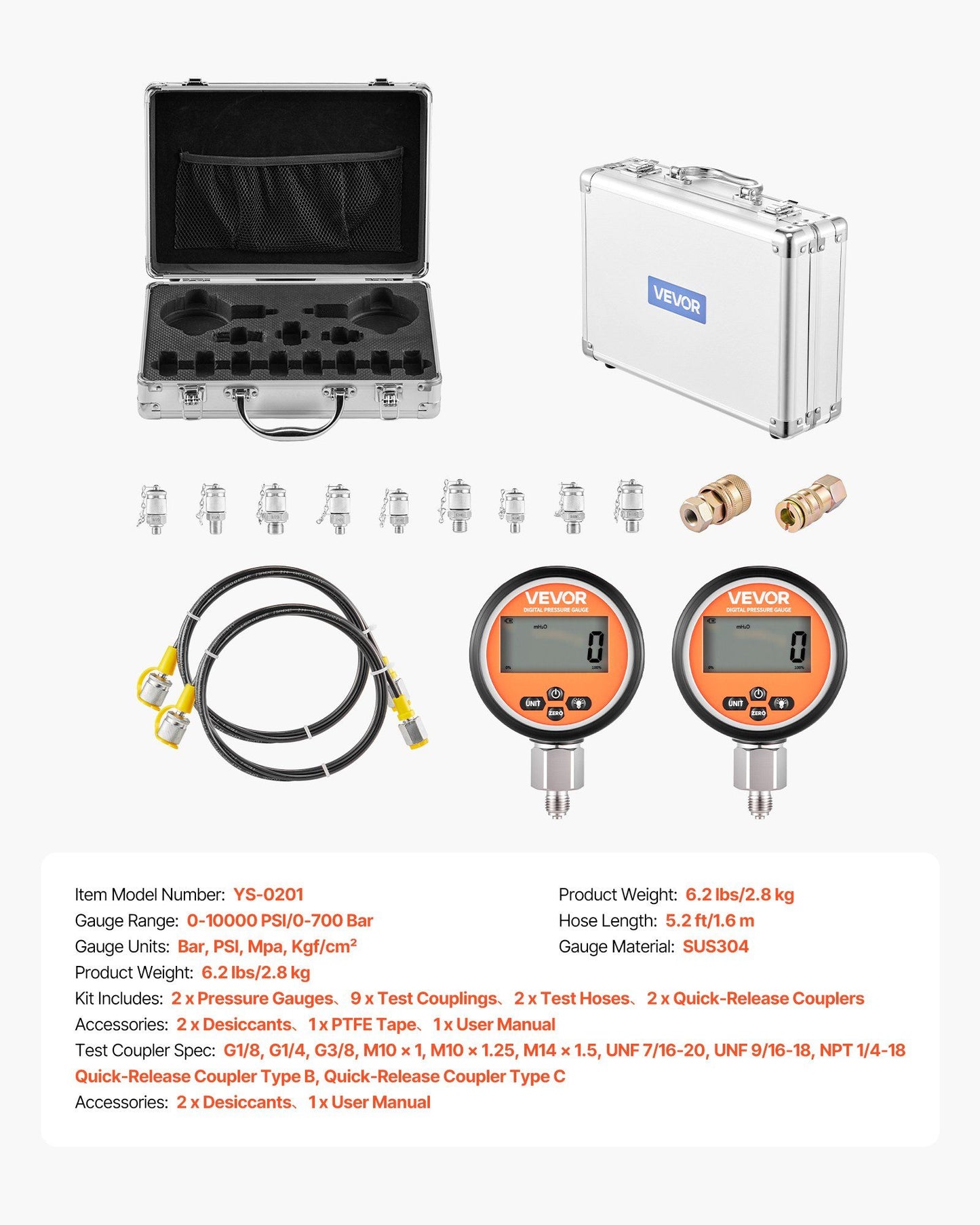 Digital Hydraulic Pressure Test Coupling Kit, 700 Bar Pressure Gauge Manometer Tester with 2 Gauges, 9 Test V952-YYCSTJ2YLB9OXT9N0001V9