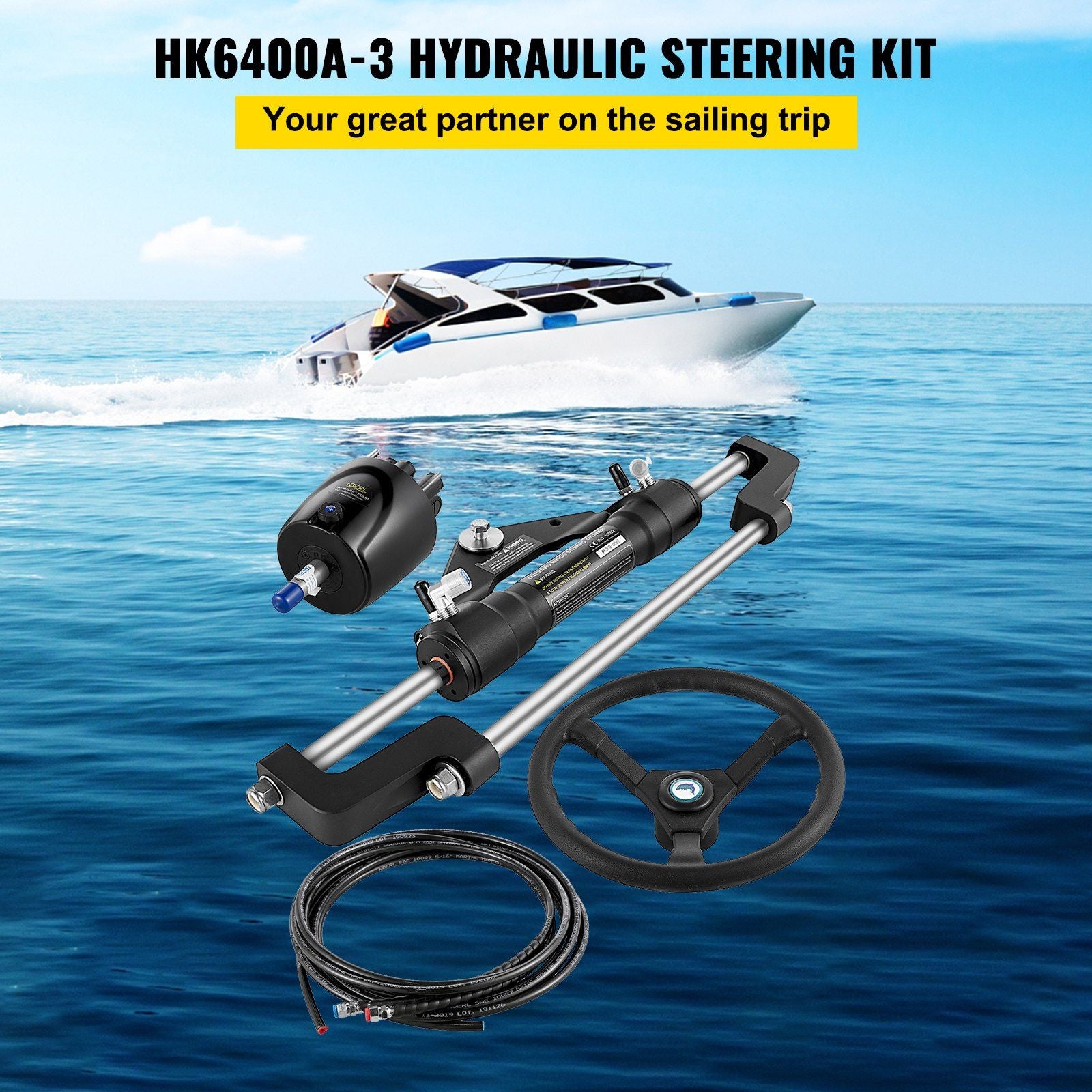 Hydraulic Boat Steering Kit, 300HP Hydraulic Steering Helm Pump, Aluminum Alloy Steering Cylinder, 13.5"" V952-YYDJHK6400A-3TJ10V0