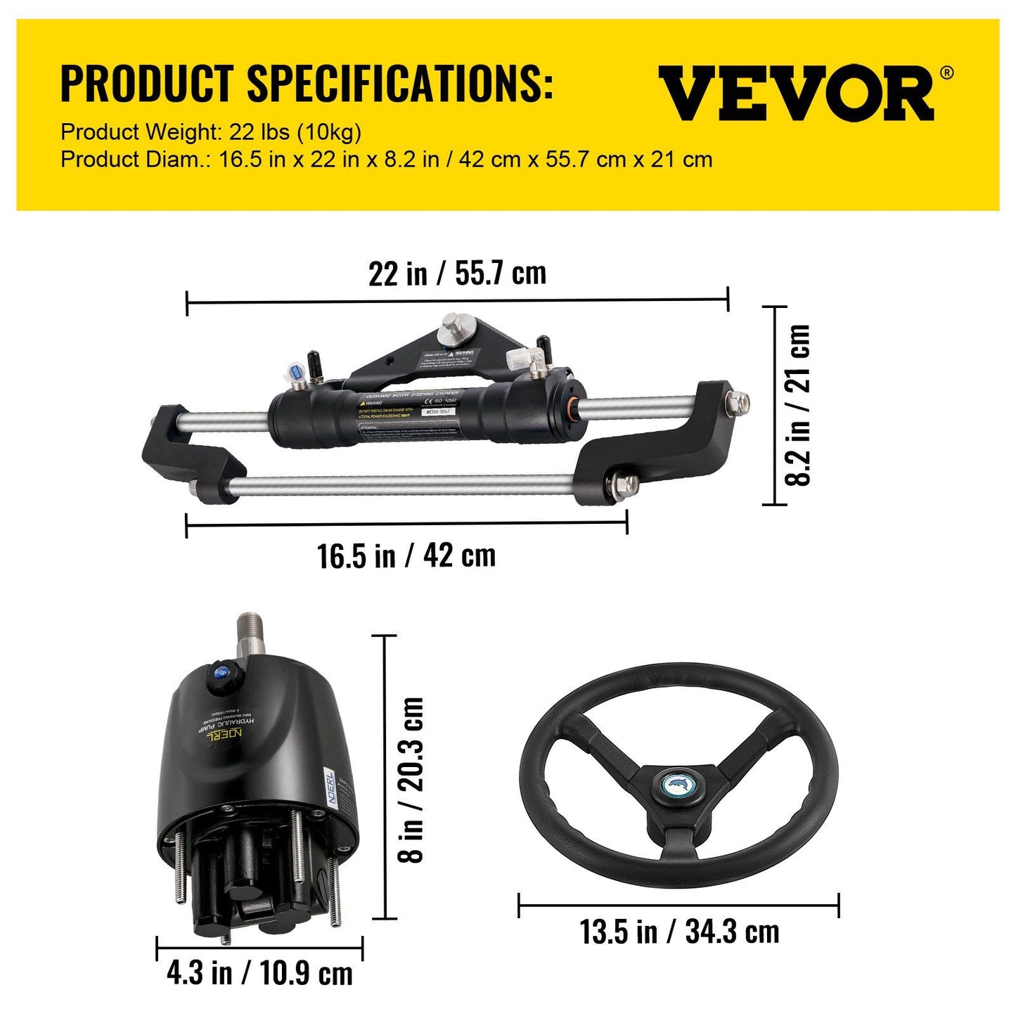 Hydraulic Boat Steering Kit, 300HP Hydraulic Steering Helm Pump, Aluminum Alloy Steering Cylinder, 13.5"" V952-YYDJHK6400A-3TJ10V0