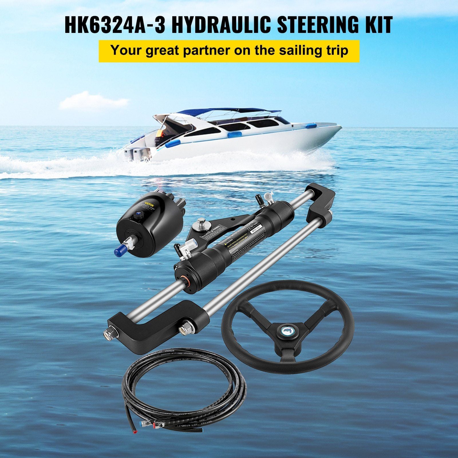 Hydraulic Boat Steering Kit, 300HP Hydraulic Steering Kit Helm Pump, Cylinder, Wheel, 24 Feet Hose Hydraulic V952-YYDJHK6400A-3TJ24V0