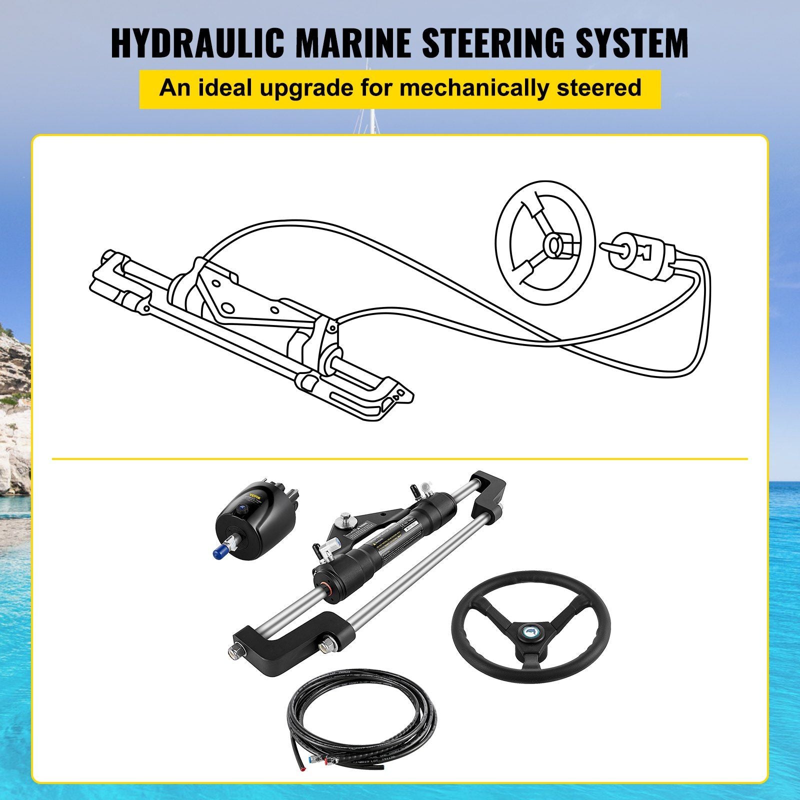 Hydraulic Boat Steering Kit, 300HP Hydraulic Steering Kit Helm Pump, Cylinder, Wheel, 24 Feet Hose Hydraulic V952-YYDJHK6400A-3TJ24V0