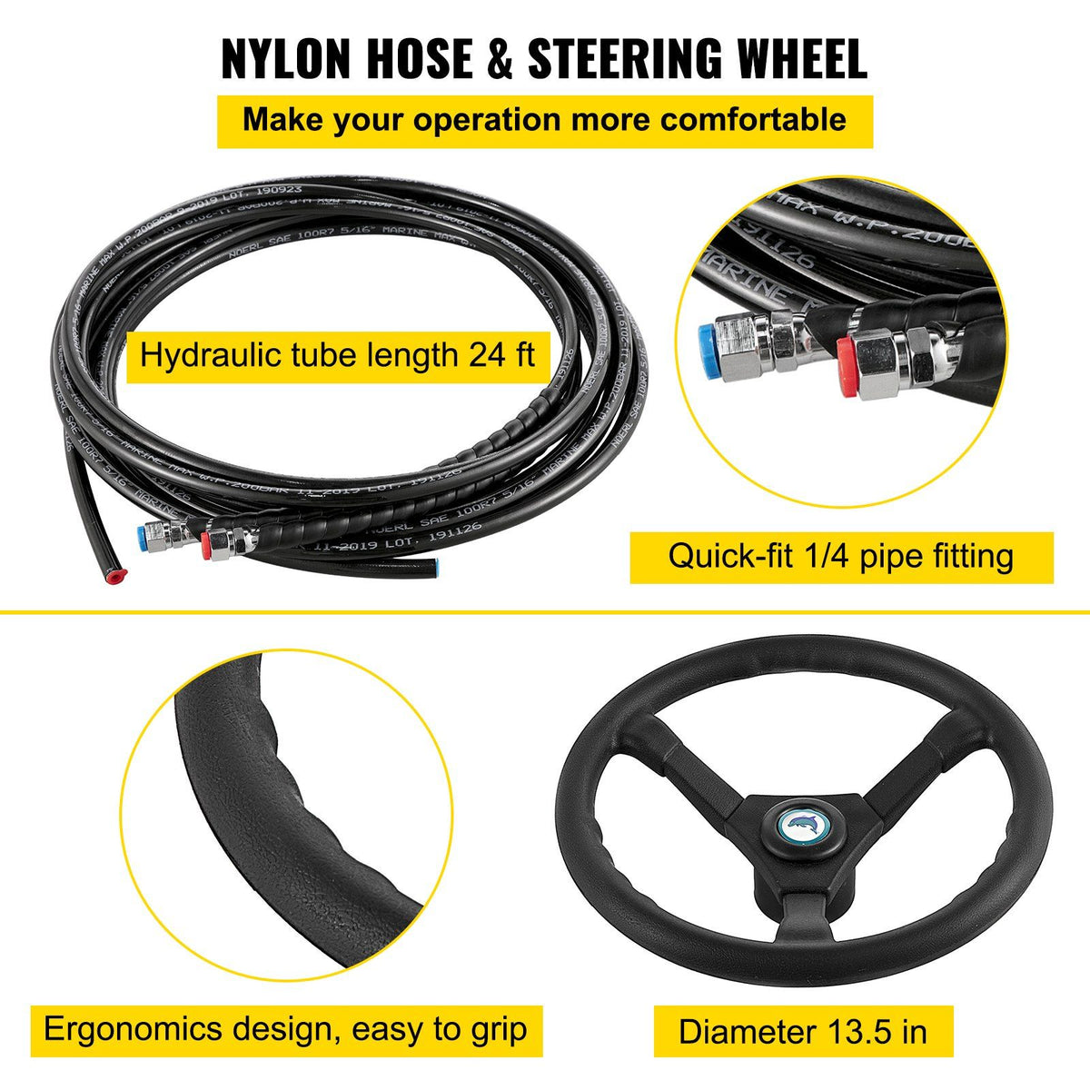 Hydraulic Boat Steering Kit, 300HP Hydraulic Steering Kit Helm Pump, Cylinder, Wheel, 24 Feet Hose Hydraulic V952-YYDJHK6400A-3TJ24V0