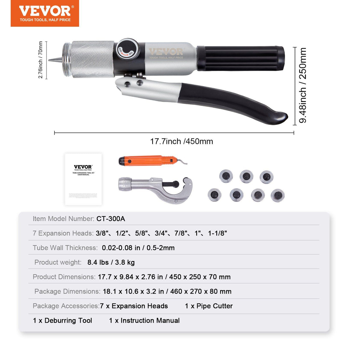 Hydraulic Tube Expander, 3/8" to 1-1/8" OD, HAVC Hydraulic Swaging Tool with 7 Pipe Expander Heads, Deburring V952-YYKGQHSGTG7N2DLV2V0