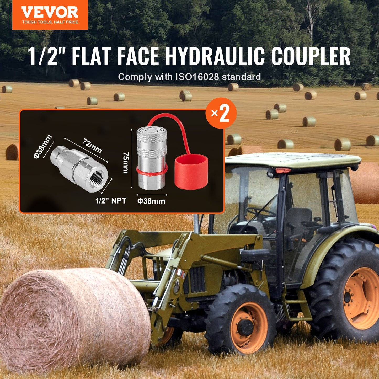 1/2" Flat Face Hydraulic Couplers 1/2" NPT Skid Steer Couplers 4 Dust Caps V952-YYKSJT2DISO1BYN6NV0