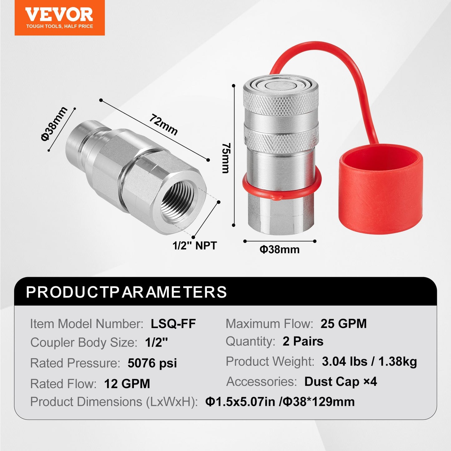 1/2" Flat Face Hydraulic Couplers 1/2" NPT Skid Steer Couplers 4 Dust Caps V952-YYKSJT2DISO1BYN6NV0