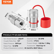 1/2" Flat Face Hydraulic Couplers 1/2" NPT Skid Steer Couplers 4 Dust Caps V952-YYKSJT2DISO1BYN6NV0
