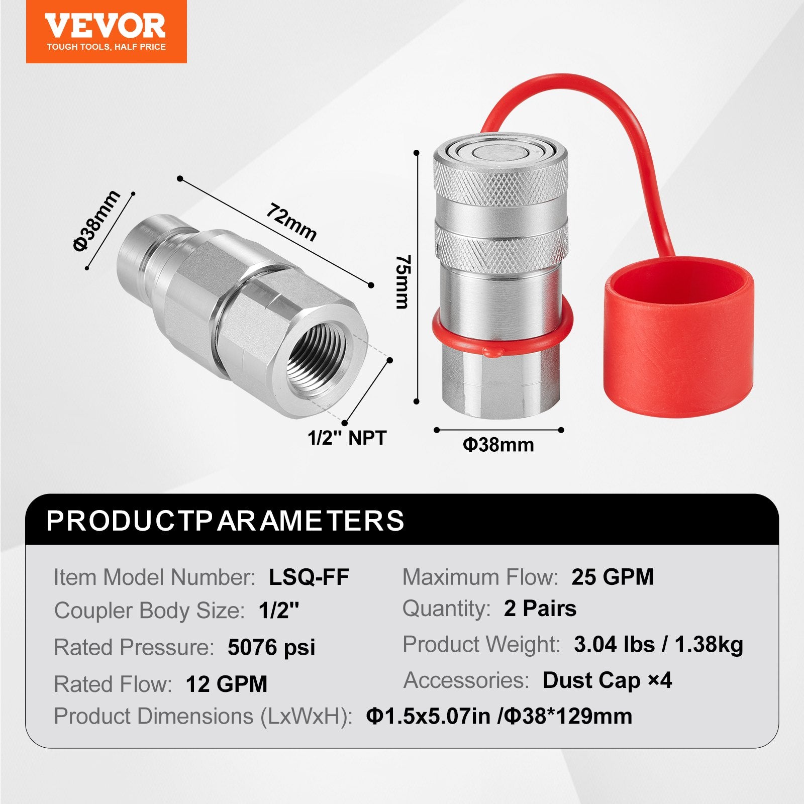 1/2" Flat Face Hydraulic Couplers 1/2" NPT Skid Steer Couplers 4 Dust Caps V952-YYKSJT2DISO1BYN6NV0