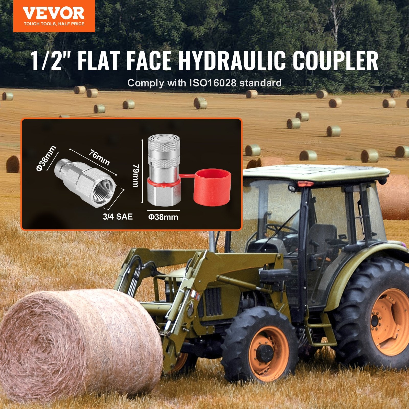 1/2" Flat Face Hydraulic Couplers 1/2" NPT Skid Steer Couplers 2 Dust Caps V952-YYKSJTISO1605BND4V0