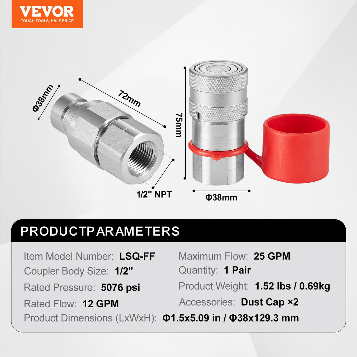 1/2" Flat Face Hydraulic Couplers 1/2" NPT Skid Steer Couplers 2 Dust Caps V952-YYKSJTISO1605BND4V0