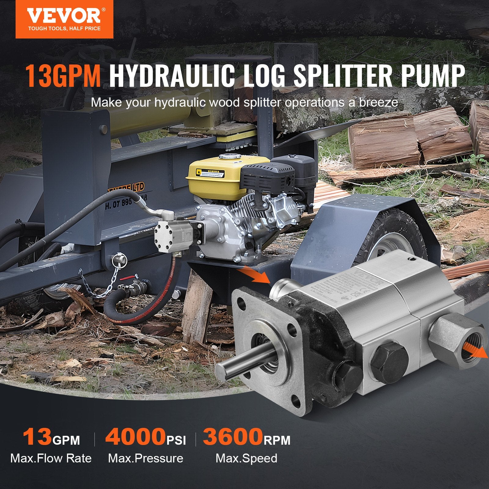 Hydraulic Wood Log Splitter Pump Kit, 13 GPM, 2 Stage 4000 PSI Aluminum Hydraulic Gear Pump, with Coupling V952-YYPMB13GPM30I45SJV0