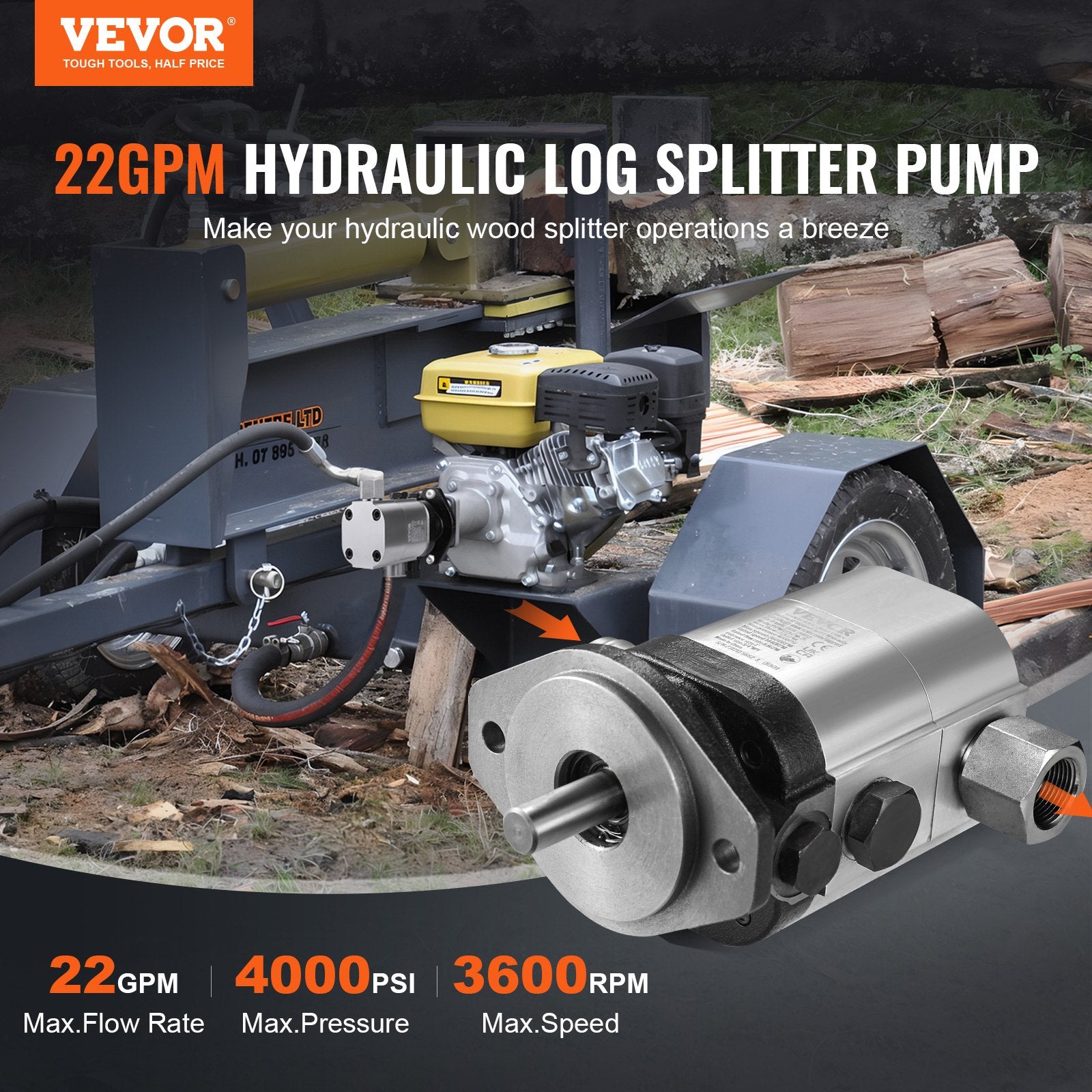 Hydraulic Wood Log Splitter Pump Kit, 22GPM, 2 Stage 4000PSI Aluminum Hydraulic Gear Pump, with Valve V952-YYPMB22GPM4003RCQV0