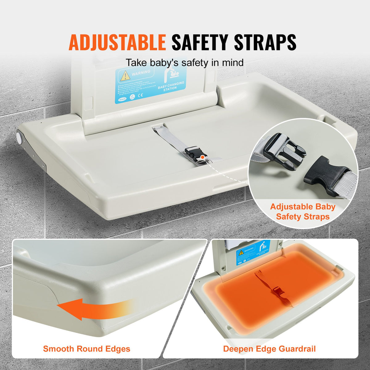 Wall-Mounted Baby Changing Station, Horizontal Foldable Diaper Change Table with Safety Straps and Hanging V952-YYSNBTHS0000EZO8FV0