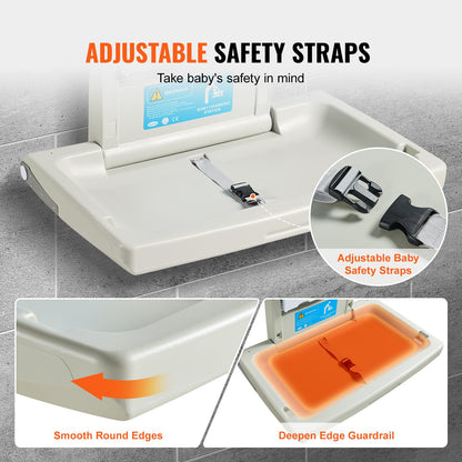 Wall-Mounted Baby Changing Station, Horizontal Foldable Diaper Change Table with Safety Straps and Hanging V952-YYSNBTHS0000EZO8FV0
