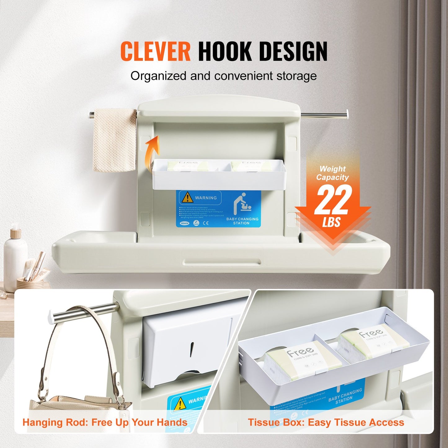 Wall-Mounted Baby Changing Station, Horizontal Foldable Diaper Change Table with Safety Straps and Hanging V952-YYSNBTHS0000EZO8FV0