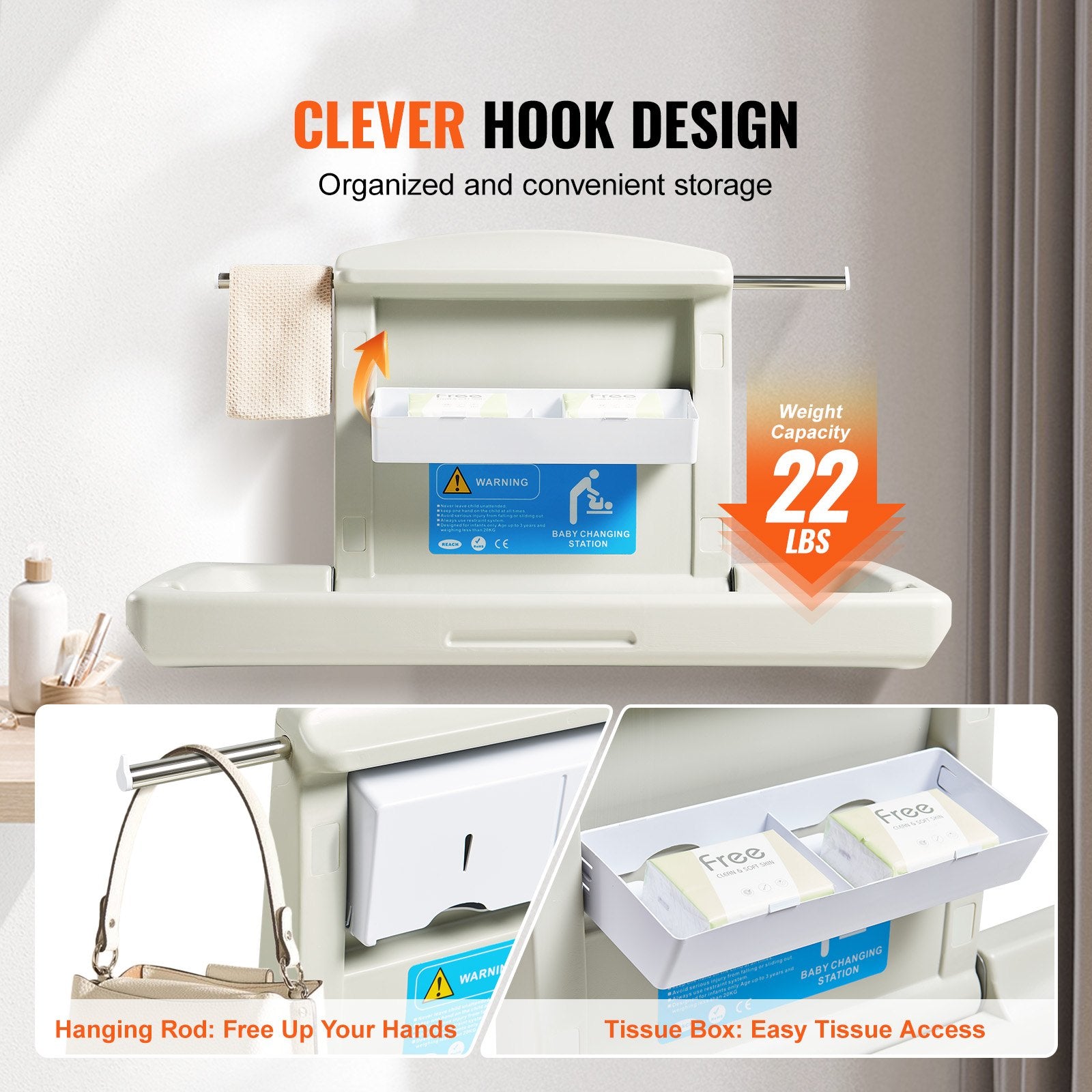 Wall-Mounted Baby Changing Station, Horizontal Foldable Diaper Change Table with Safety Straps and Hanging V952-YYSNBTHS0000EZO8FV0