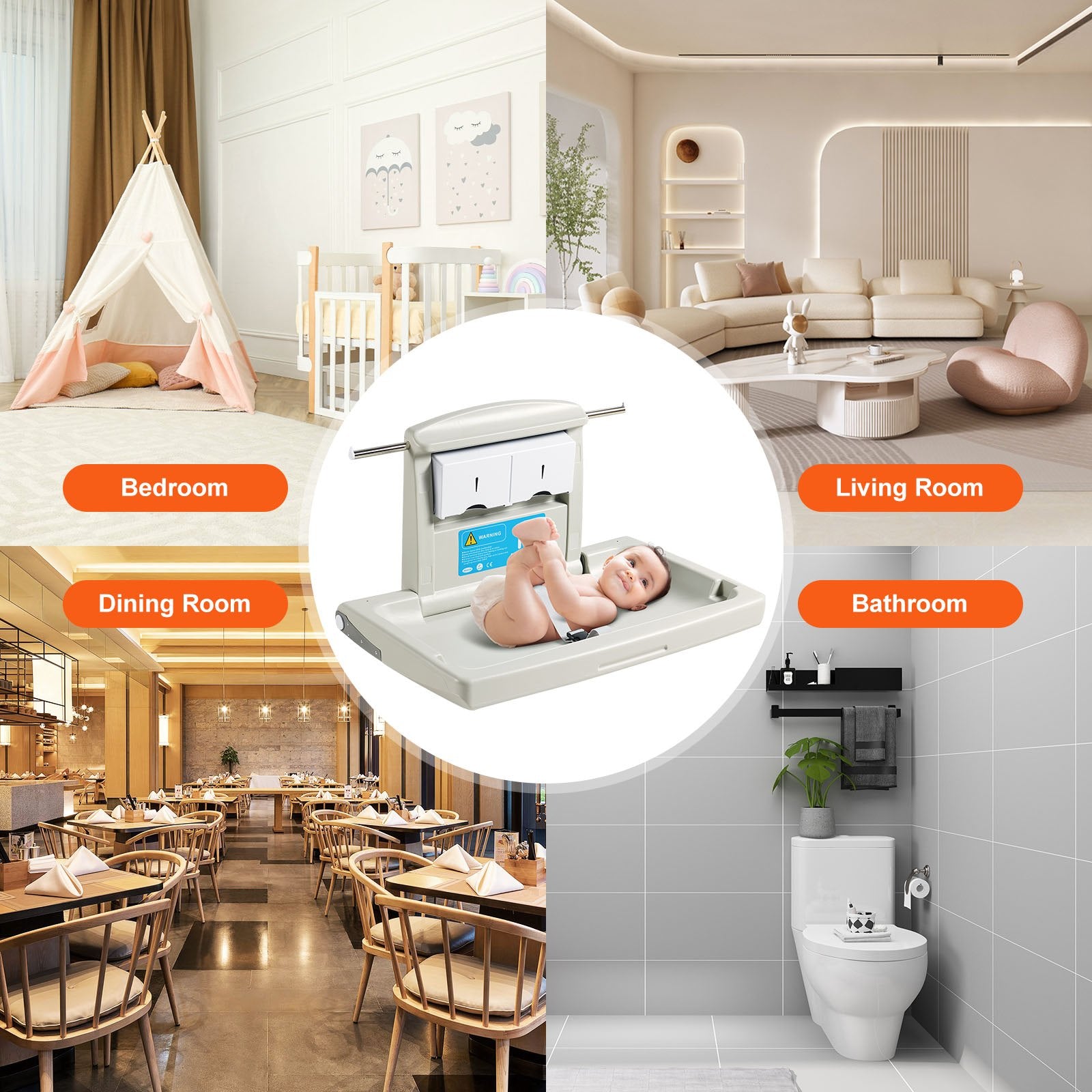 Wall-Mounted Baby Changing Station, Horizontal Foldable Diaper Change Table with Safety Straps and Hanging V952-YYSNBTHS0000EZO8FV0