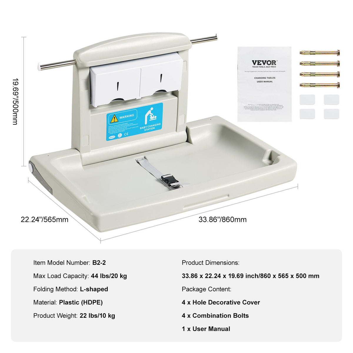 Wall-Mounted Baby Changing Station, Horizontal Foldable Diaper Change Table with Safety Straps and Hanging V952-YYSNBTHS0000EZO8FV0