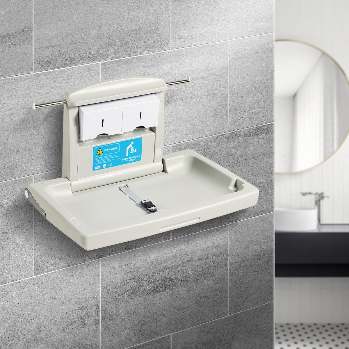 Wall-Mounted Baby Changing Station, Horizontal Foldable Diaper Change Table with Safety Straps and Hanging V952-YYSNBTHS0000EZO8FV0