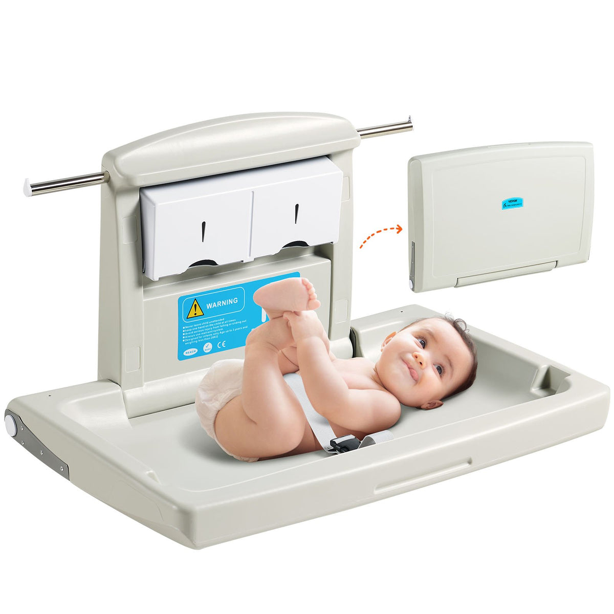 Wall-Mounted Baby Changing Station, Horizontal Foldable Diaper Change Table with Safety Straps and Hanging V952-YYSNBTHS0000EZO8FV0