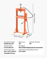 20 T Hydraulic Shop Press Hydraulic Press with Press Plate for Bending V952-YYYBSQCJYLJL2MQ89V0
