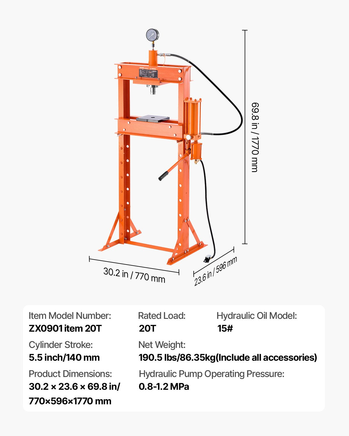 20 T Hydraulic Shop Press Hydraulic Press with Press Plate for Bending V952-YYYBSQCJYLJL2MQ89V0