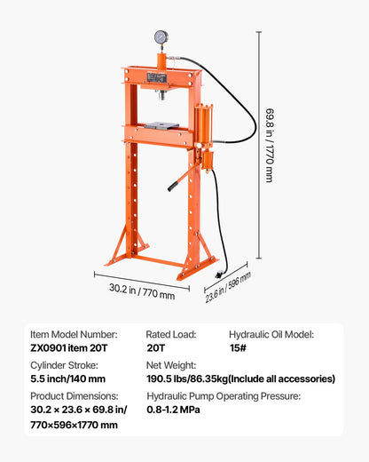 20 T Hydraulic Shop Press Hydraulic Press with Press Plate for Bending V952-YYYBSQCJYLJL2MQ89V0