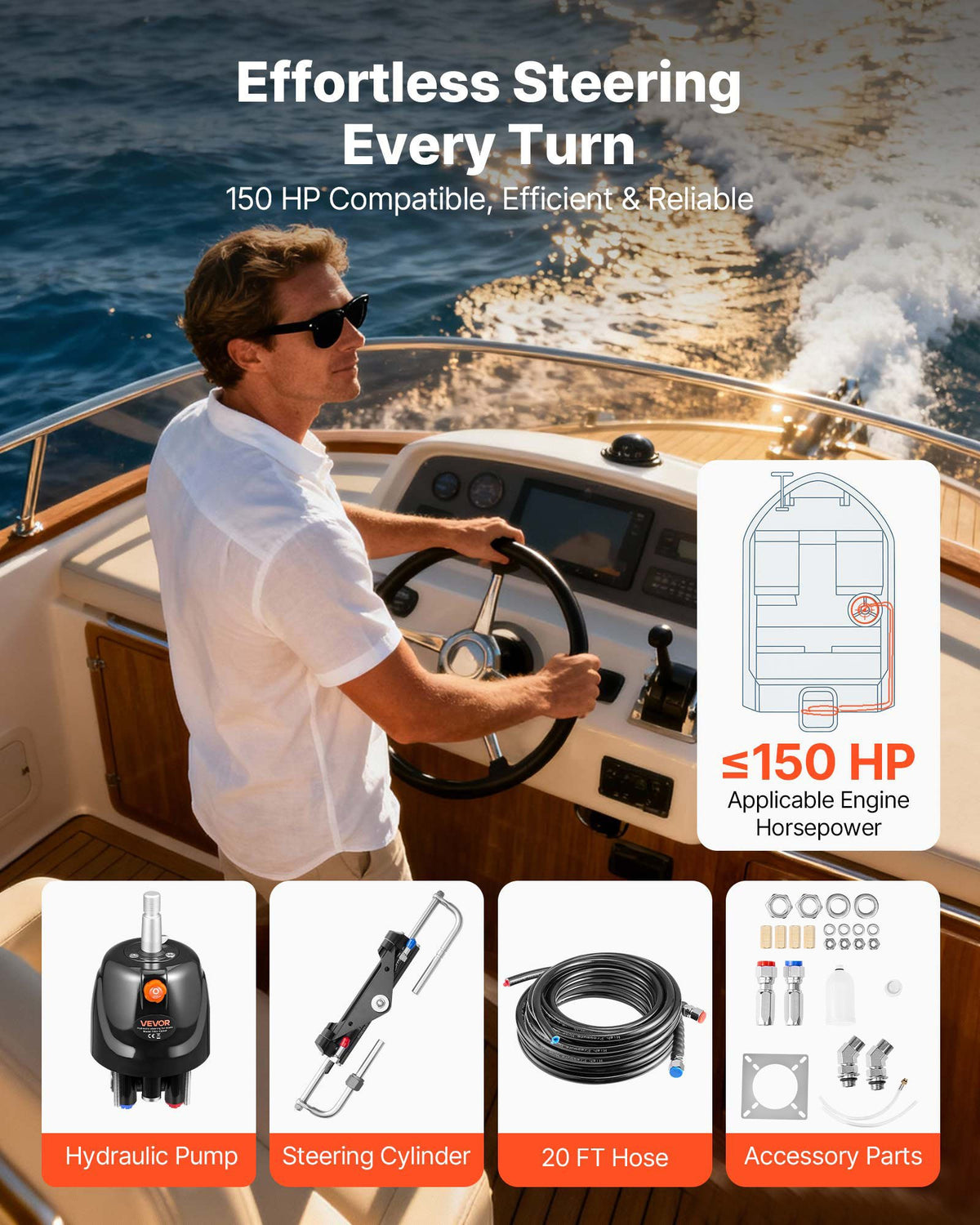 Hydraulic Steering Kit, 150 HP, Marine Boat Hydraulic Steering System, with 6.9 MPa/1000 psi Helm Pump, V952-YYZXXTTJ150HIHNTU001V0