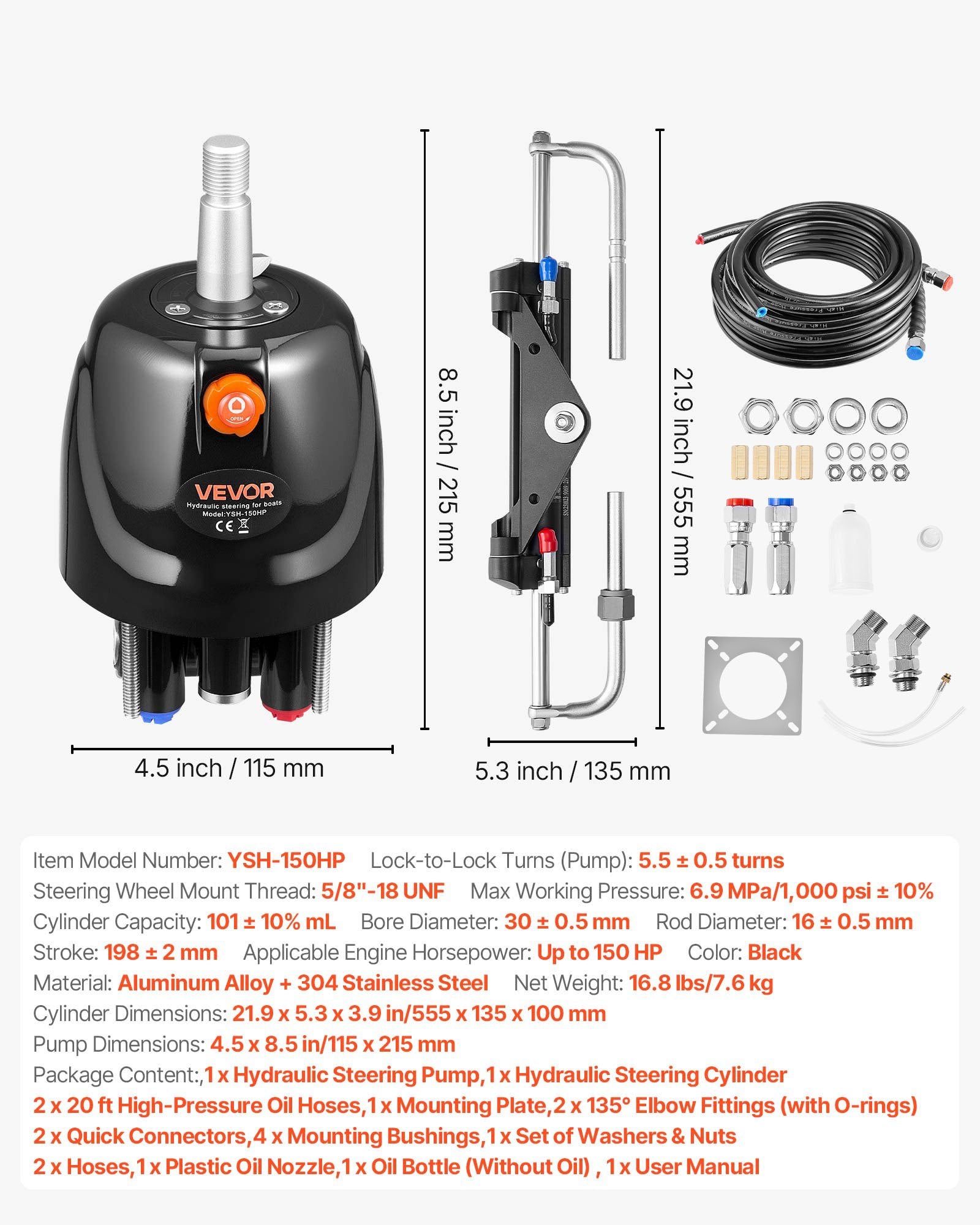 Hydraulic Steering Kit, 150 HP, Marine Boat Hydraulic Steering System, with 6.9 MPa/1000 psi Helm Pump, V952-YYZXXTTJ150HIHNTU001V0
