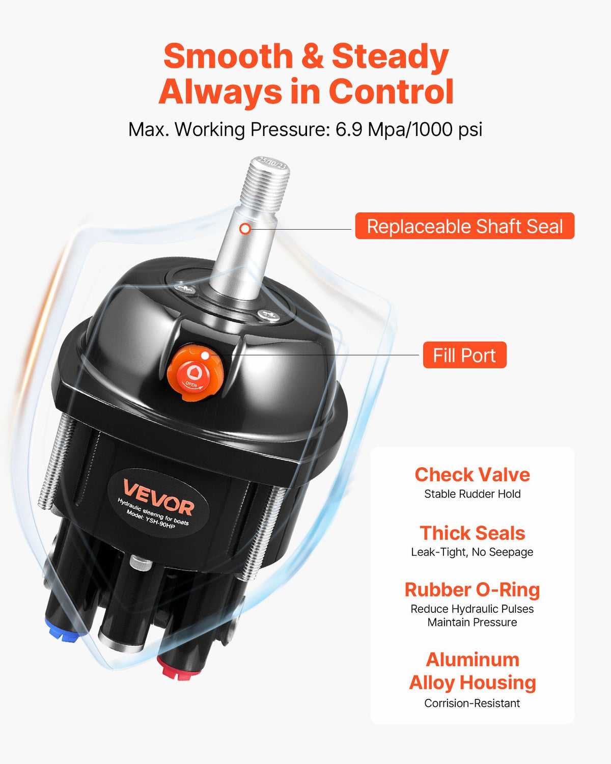 Hydraulic Steering Kit, 90 HP, Marine Boat Hydraulic Steering System, with 6.9 MPa/1000 psi Helm Pump, V952-YYZXXTTJ90HPDLO3P001V0
