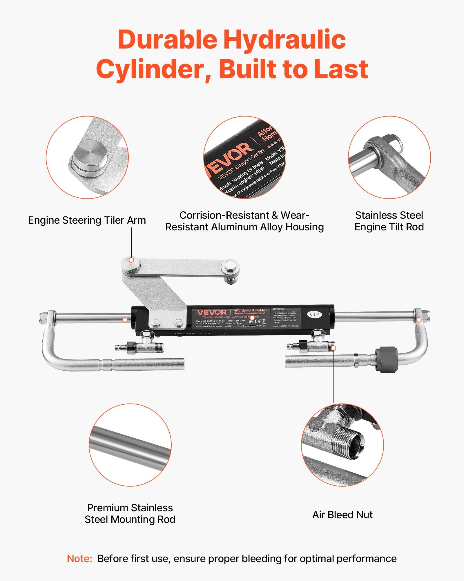 Hydraulic Steering Kit, 90 HP, Marine Boat Hydraulic Steering System, with 6.9 MPa/1000 psi Helm Pump, V952-YYZXXTTJ90HPDLO3P001V0
