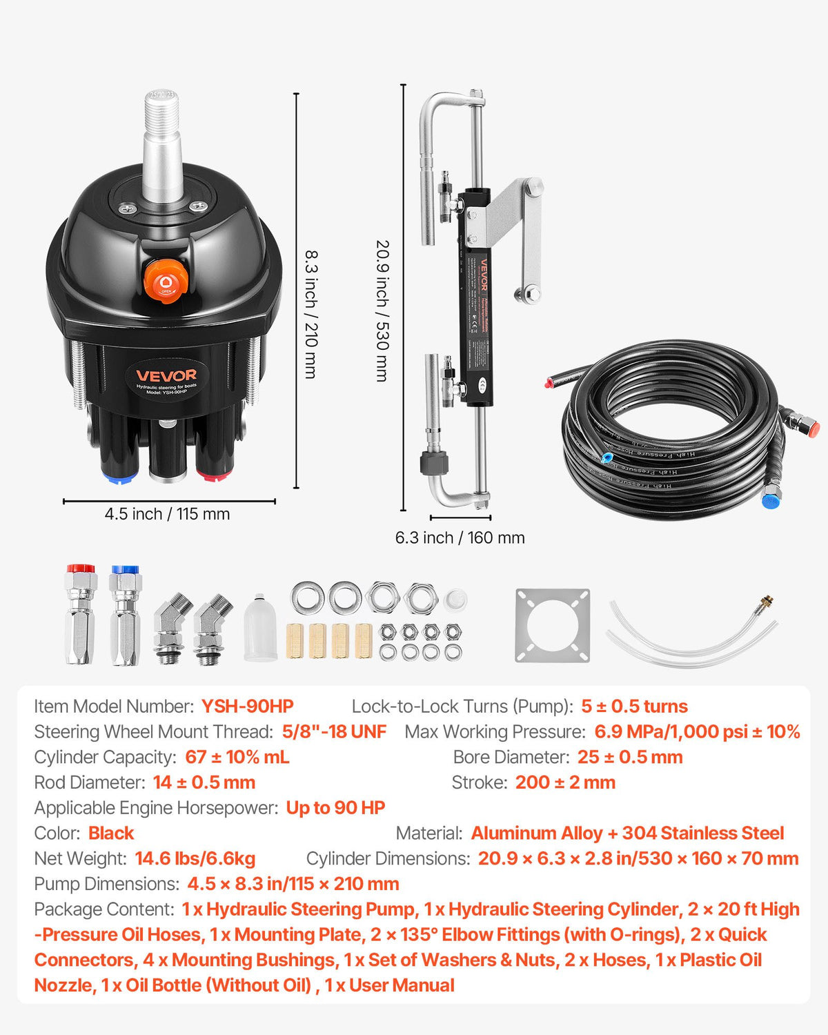 Hydraulic Steering Kit, 90 HP, Marine Boat Hydraulic Steering System, with 6.9 MPa/1000 psi Helm Pump, V952-YYZXXTTJ90HPDLO3P001V0