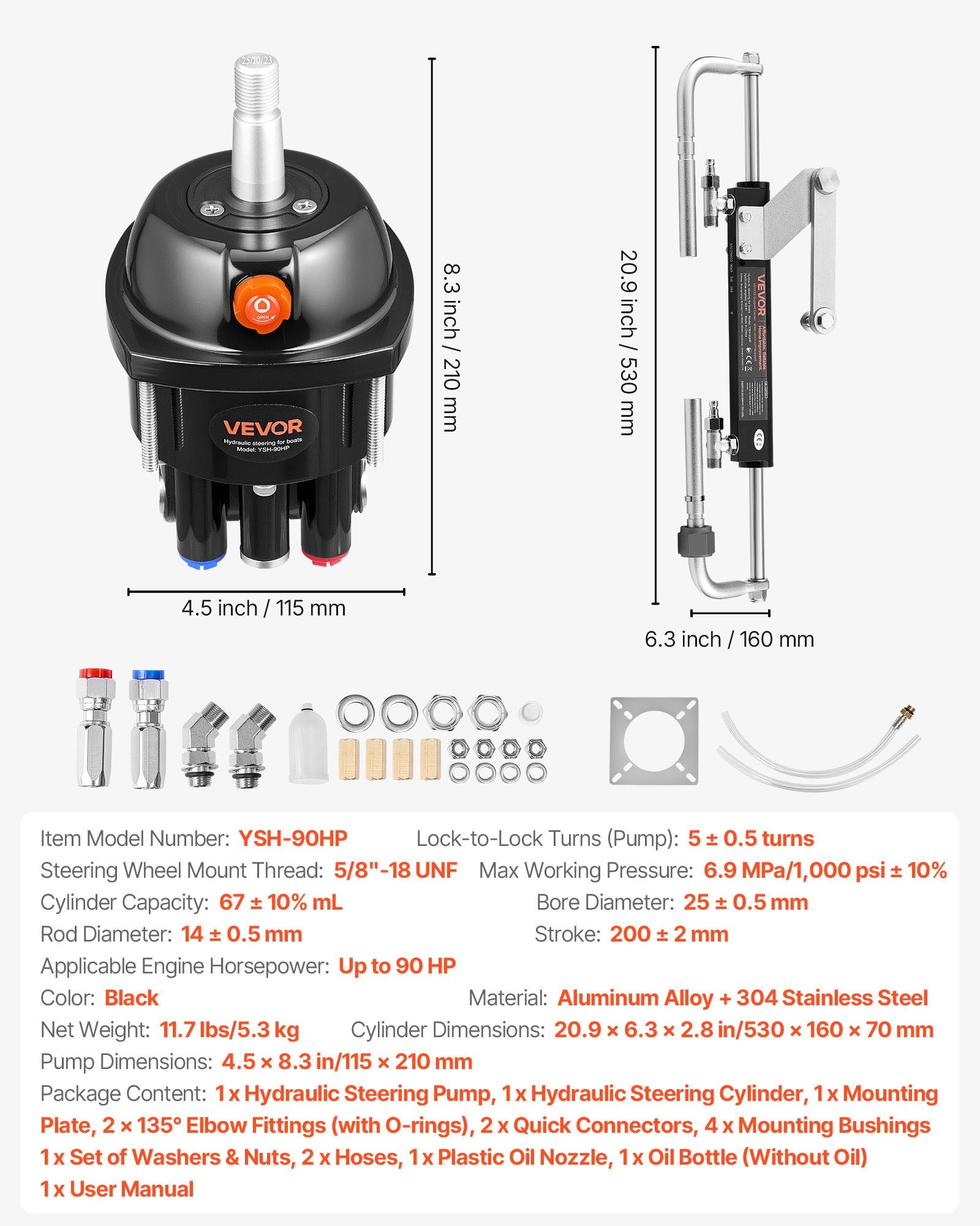 Hydraulic Steering Kit, 90 HP, Hydraulic Steering Helm Pump & Cylinder, with 6.9 MPa/1000 psi Max Working V952-YYZXXTTJ90HPIVK97001V0